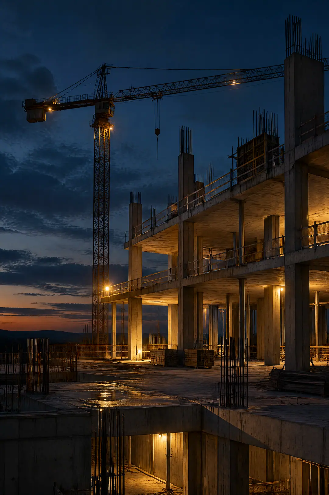 Rohbaubaustelle in der Dämmerung mit der Silhouette eines Turmdrehkrans