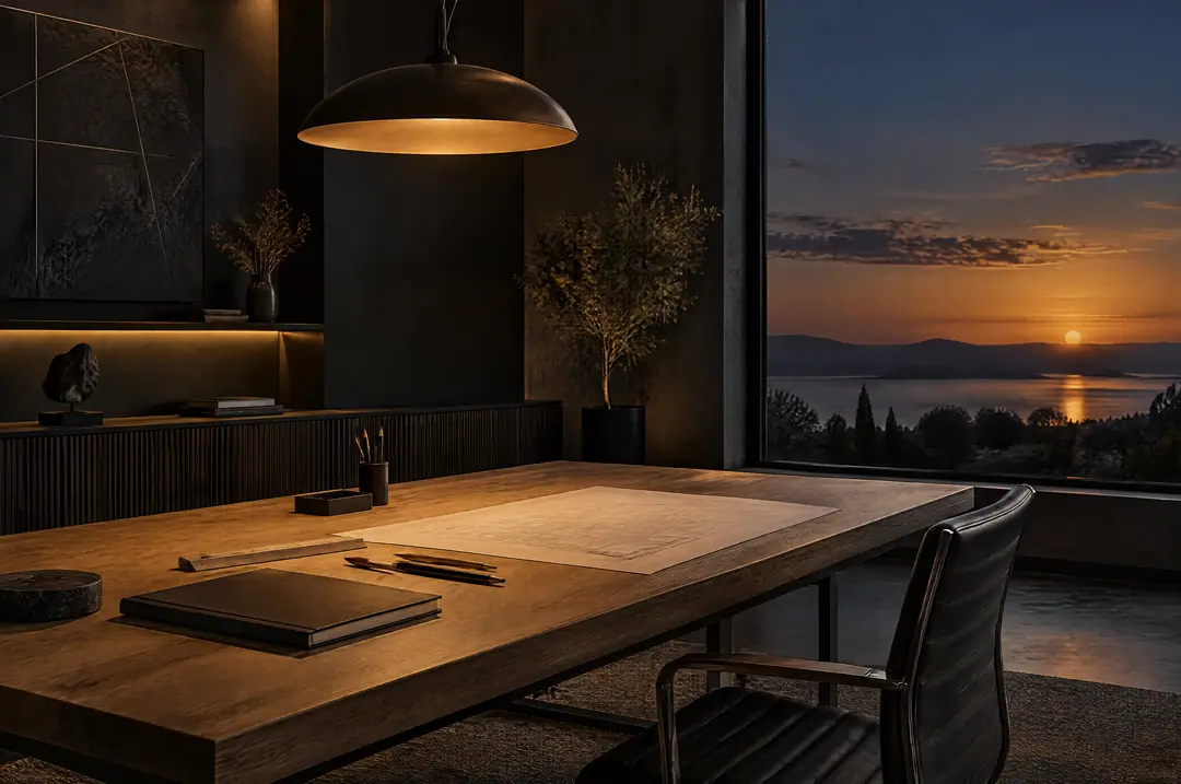 Minimalistisches Ingenieurbüro mit Eichentisch, Zeichenwerkzeug und großem Fenster zum Abendhimmel