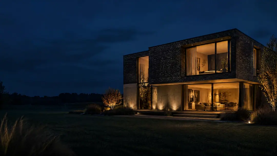 Wohnhaus aus Klinker und Sichtbeton zur blauen Stunde mit warm beleuchteten Fenstern