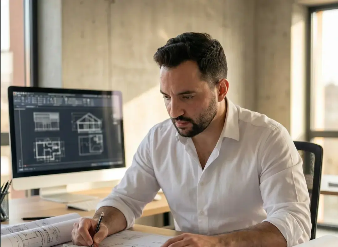 Bünyamin Senel, Bauingenieur, bei der Planung am Schreibtisch