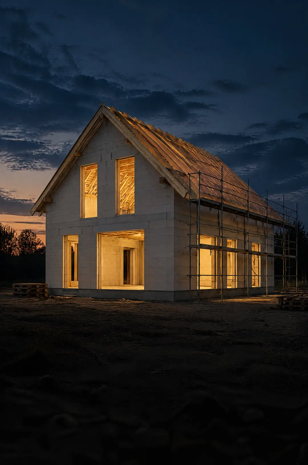 Rohbau eines Einfamilienhauses mit Satteldach in der Abenddämmerung mit Gerüst und warmem Baustellenlicht