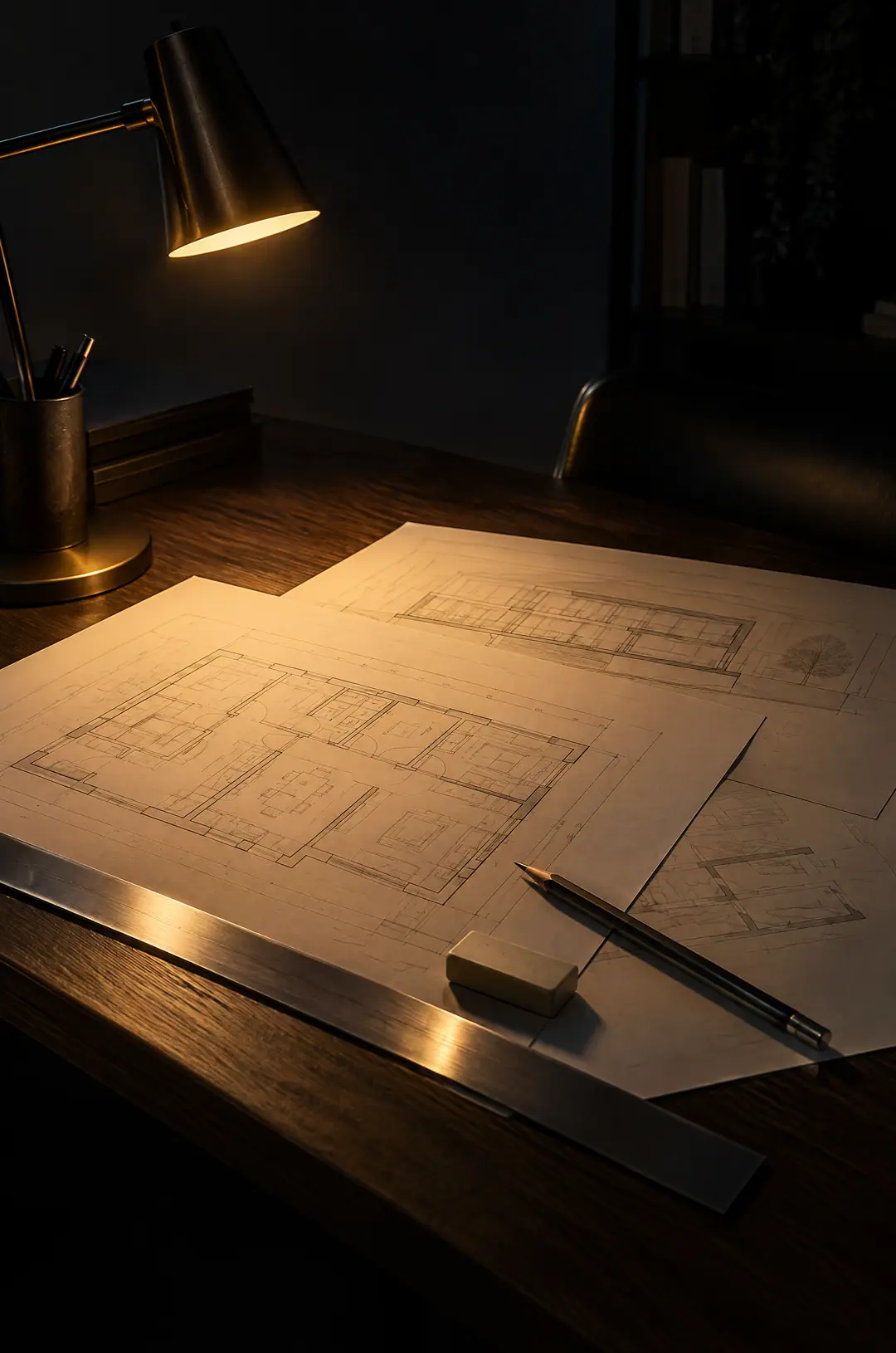 Ausgedruckte Grundrisse und Schnitte auf einem Arbeitstisch im warmen Licht einer Lampe